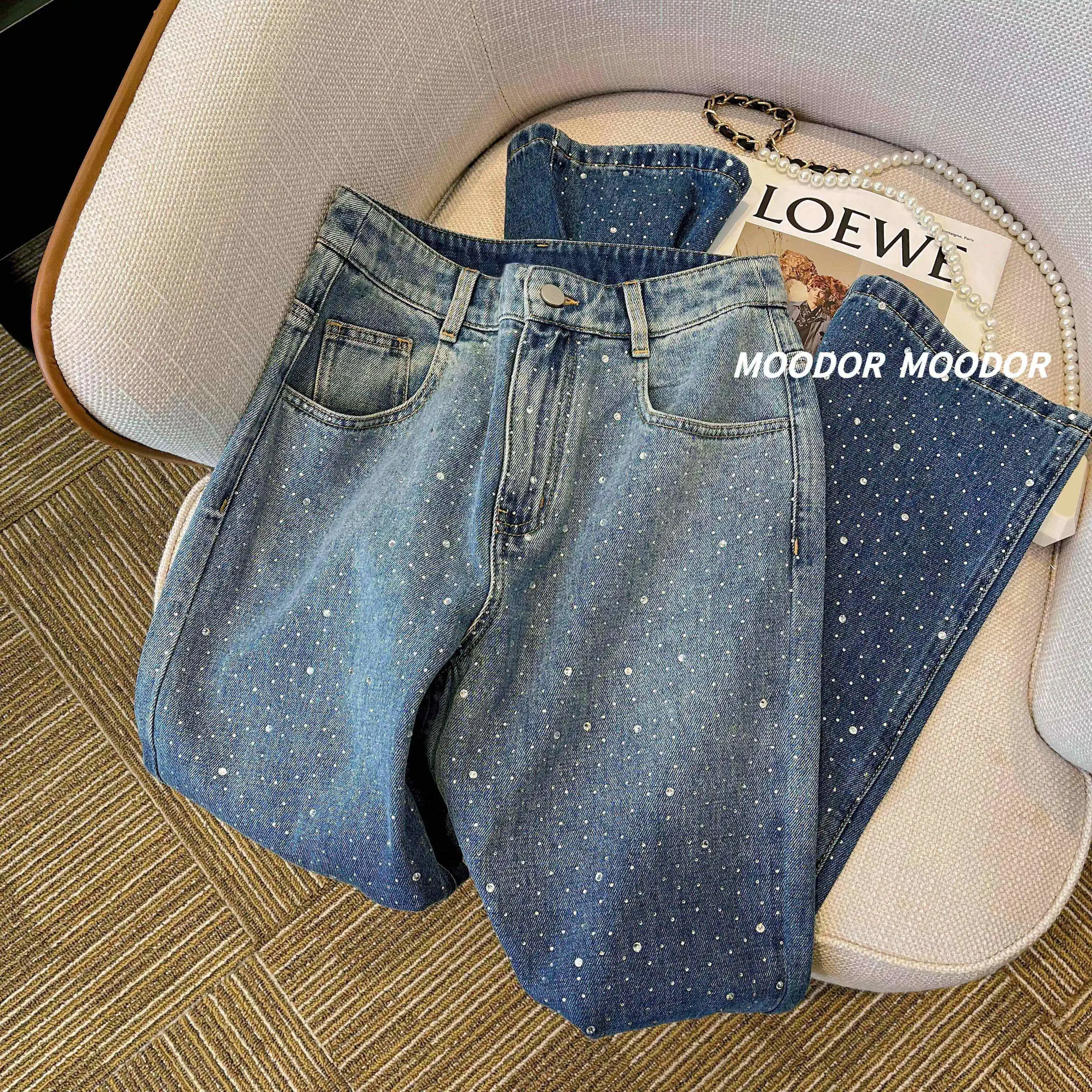 2024 Vintage Dot Print High Waist Wide Leg Baggy Jeans Pants Korean Fashion Women High Street Style Blue Straight Denim Trouser