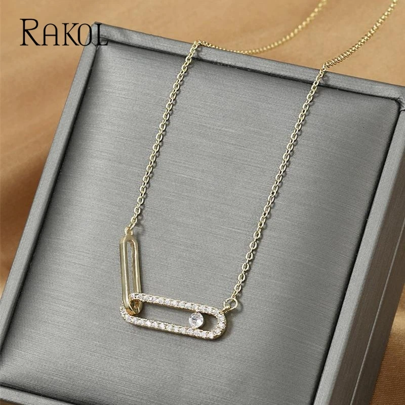 RAKOL Personalized Oval Pendant Necklace for Women Exquisite Paper Clip Zircon Jewelry Ladies Birthday Party Anniversary Gift