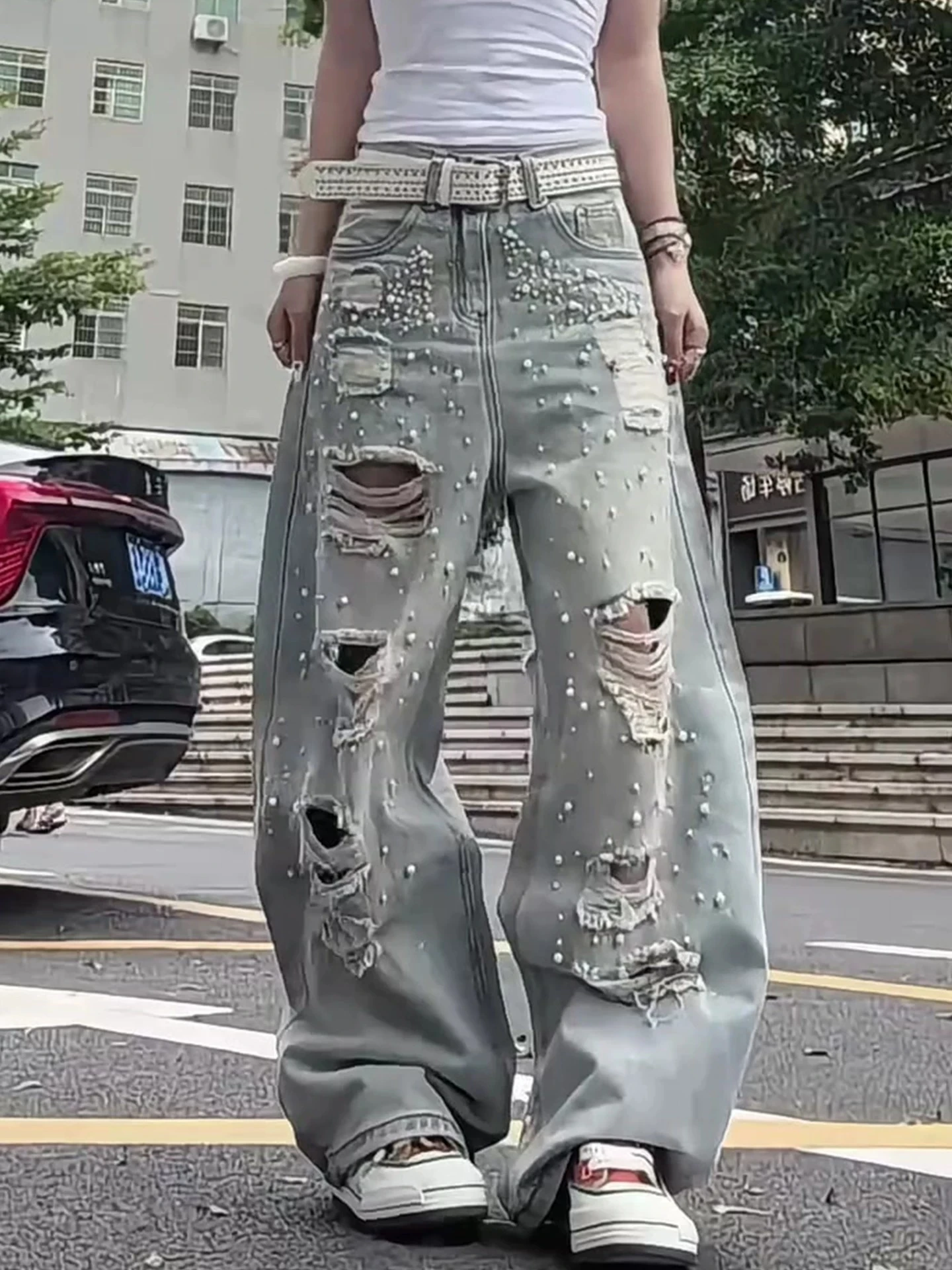 American High Street Pearl Decorated High Waist Slimming Wide Leg Jeans Women's New Style Casual Low Waist Denim Pants