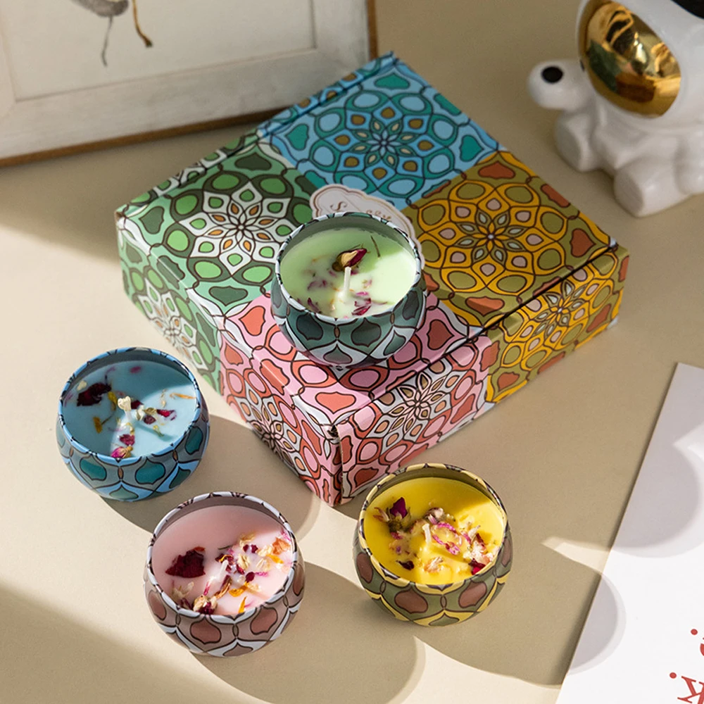 4-teiliges Duftkerzen-Set, Sojawachskerze in Metalldose, Aromatherapie-Kerzen mit Blumendüften, Heimdekoration, Geschenk für Frauen