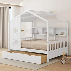 Bed for Kids,Wooden Kids Bed with Storage Drawers and Bookshelf, Built in Window Box Design,Cute Bed for Kids Toddler Boys Girls