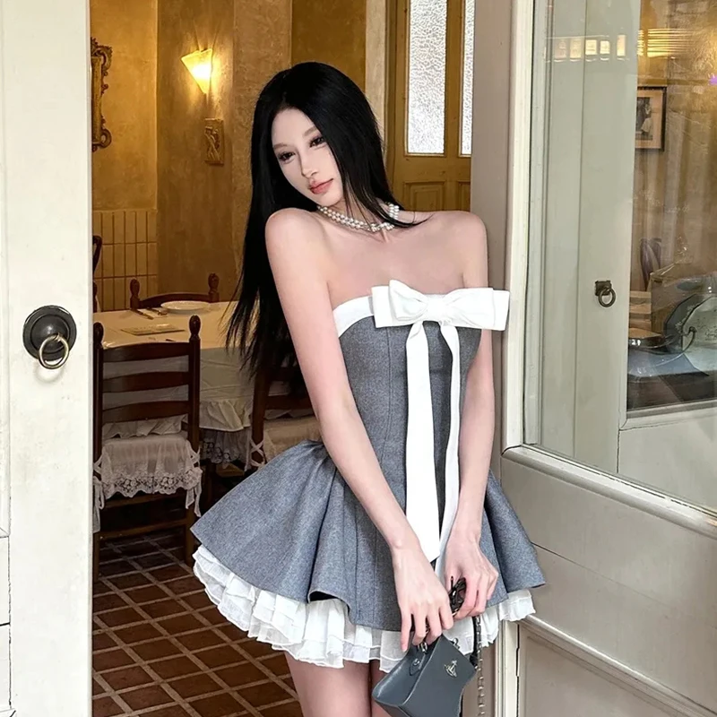 Mulheres sexy fora do ombro mini vestido de verão arco doce arco vestido fino em camadas camada natal festa aniversário noite vestidos