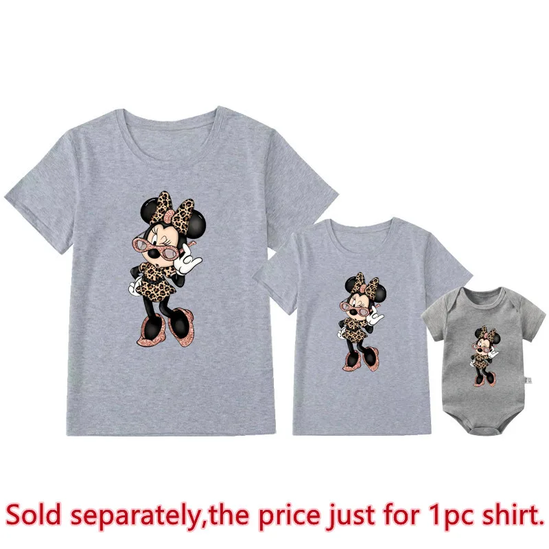 New Leopard Minnie Mouse Family Shirts Cotton Matching Mother and Daughter Tshirt Baby Rompers Kawaii Family Look Disney Clothes