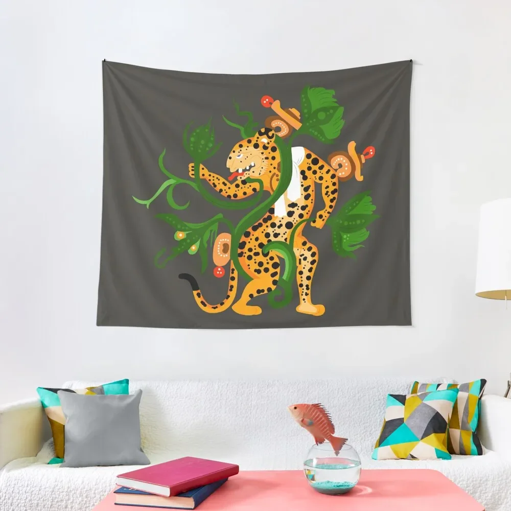 Mayan jaguar playing with a waterlily Tapestry Home Supplies Bedroom Decor Aesthetic For Bedroom Decor For Room Tapestry