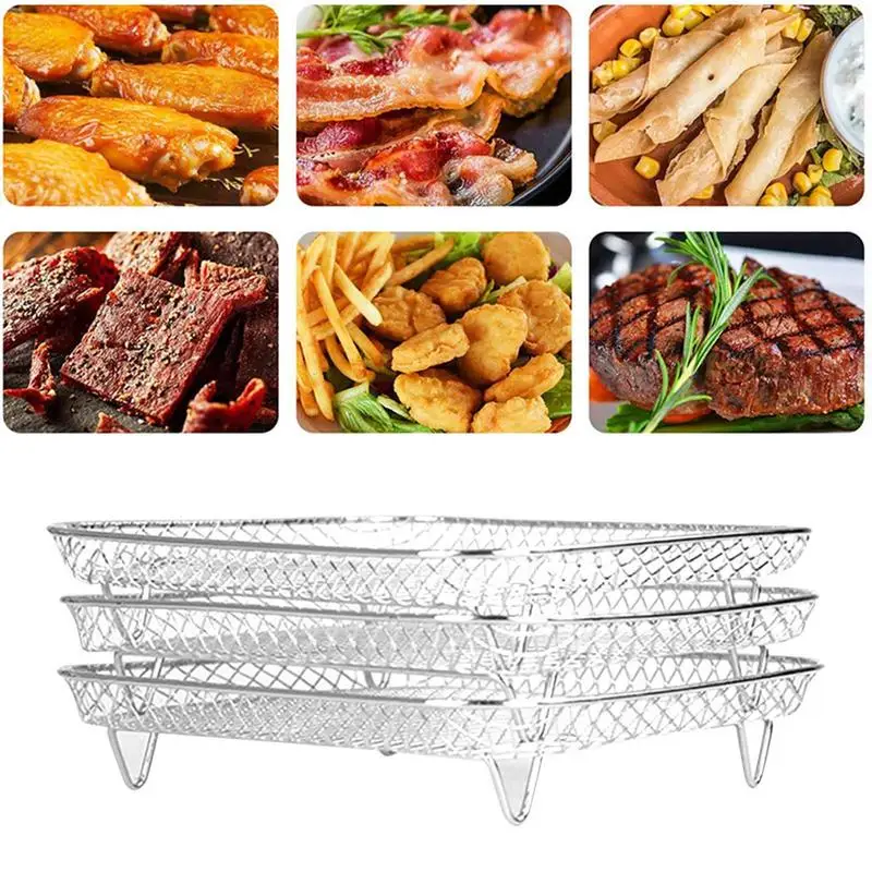 3 Tier Stainless Steel Air Fryer Rack With Tongs Stackable Multi Layer Heat Resistant BBQ Rack Multipurpose Oven Grill Baking