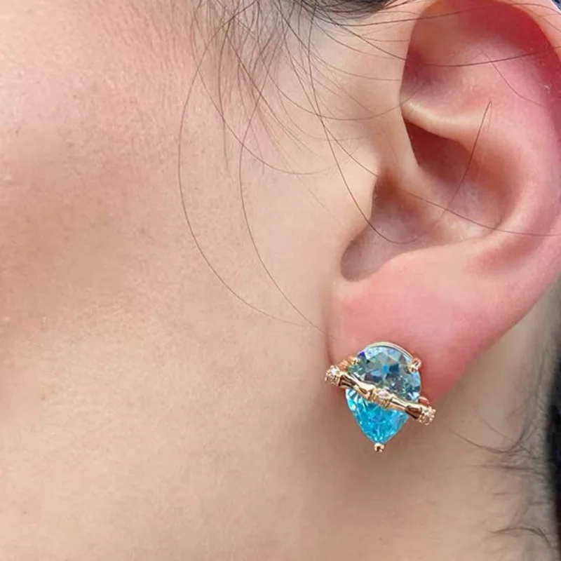 Fresh and fashion blue crystal water droplet earrings for women high-end inlay diamonds bamboo knot earings stud wedding jewelry