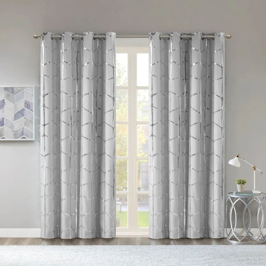 Total Blackout Metallic Print Grommet Top Curtain Panel Pair 2 Pcs Window Panels