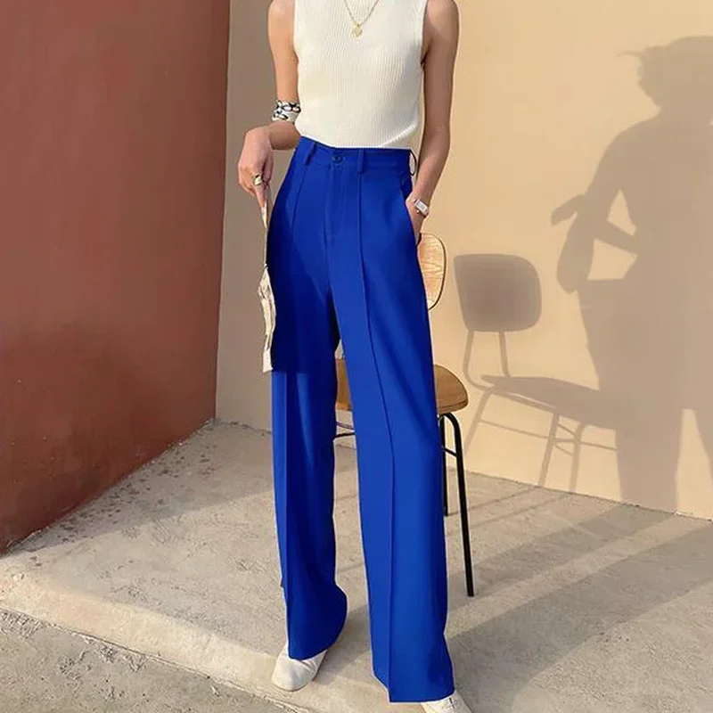 Blue White Wide Leg Pants Spring 2024 Womens Fashion Loose Women's Pants Office Full Length High Waisted Wide Trousers for Women