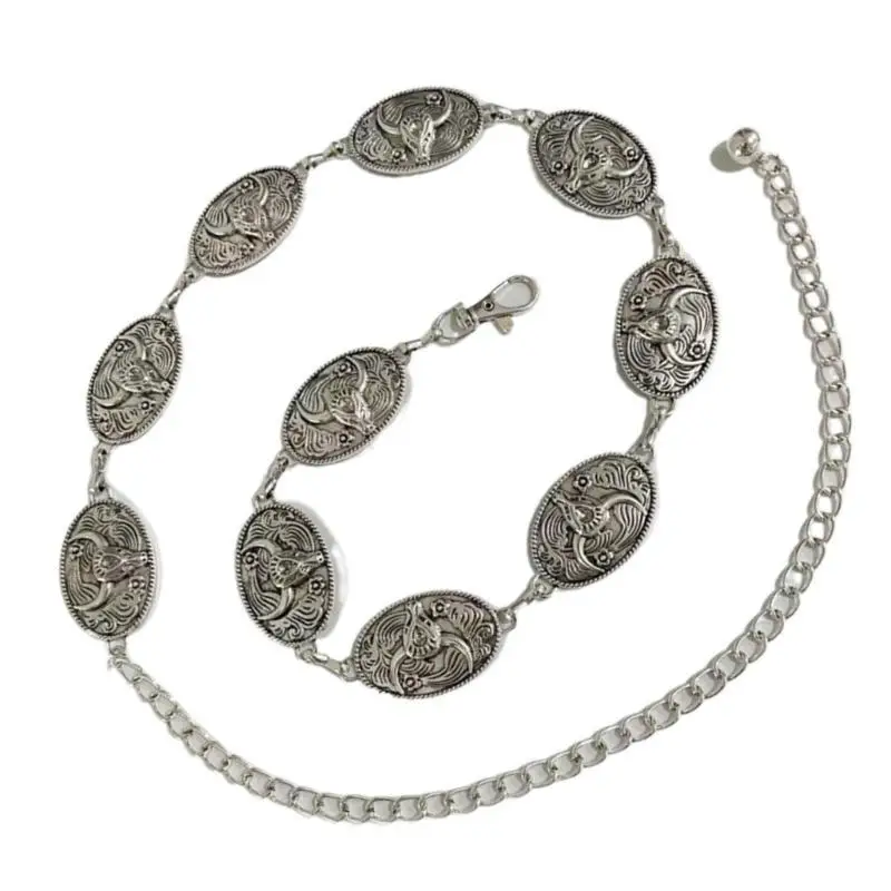 P9FE سلسلة متقنة سلسلة البطن لفستان حزام على شكل سلسلة للنساء الخصر حزام على شكل سلسلة المنحوتات الخصر سلسلة حزام طويل القرون