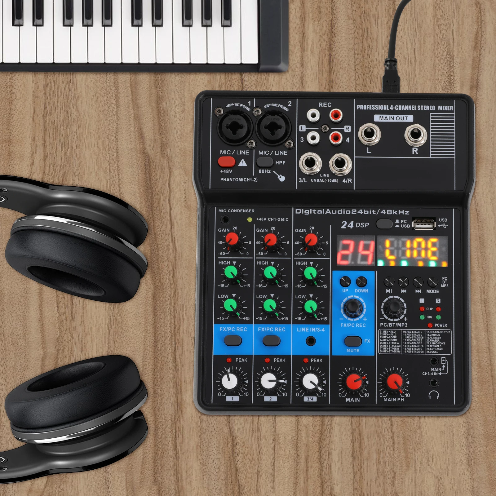 

Черный 4-канальный аудиомикшер (мониторинг в реальном времени) — разъем для наушников и светодиодный дисплей, источник питания USB (компьютер/банк питания