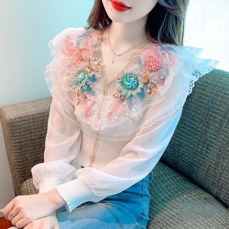 Floral Lace Stitching Knitted Chiffon Patchwork Shirt Women\'s Autumn Top 2024 New Beautiful V Neck Lonfg Sleeve Blouse Blusa