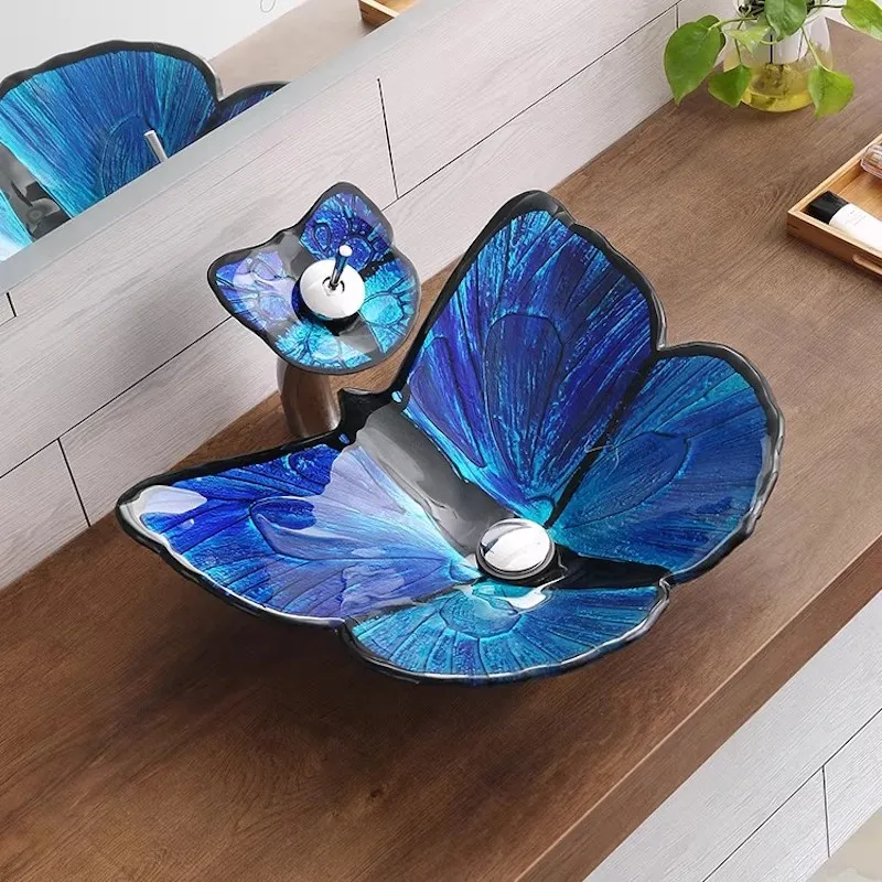 Tempered glass niche design blue butterfly stage basin hand wash basin bonsai type wash basin