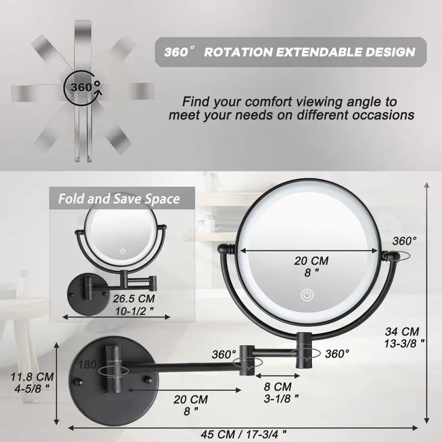 مرآة مكياج مضاءة مثبتة على الحائط مع 3 أضواء ملونة تعتيم ستبليس، 1X 10X مكبرة LED بمستشعر لمس الحمام على الوجهين
