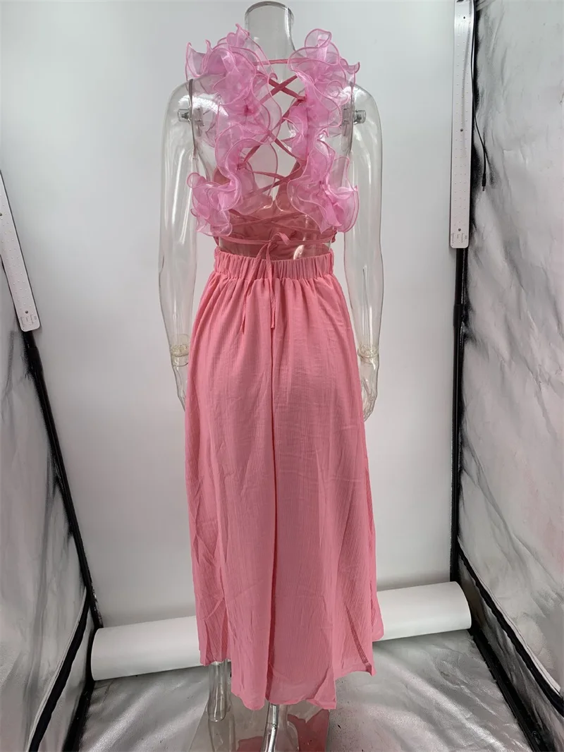 Summer Solid Color Strap Backless Homecoming Dress Sexy Pleated Hollow Out Party Gown French Style Cross Holiday Fairy Skirt