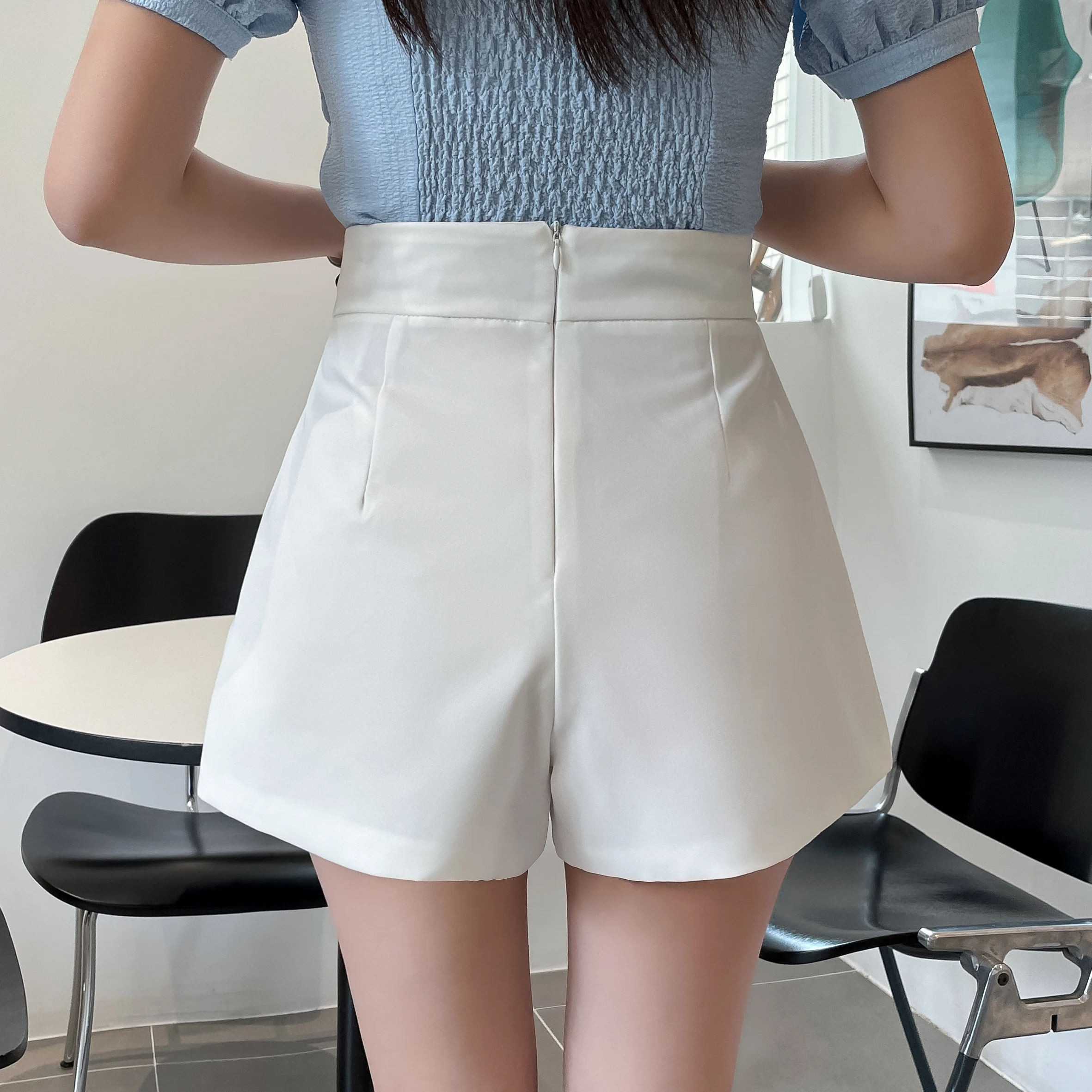 QOERLIN OL Ruffled High Waist White Suit Shorts Summer Elegant Beading Pocket  Black Shorts Korean Loose Back Zipper Work Wear