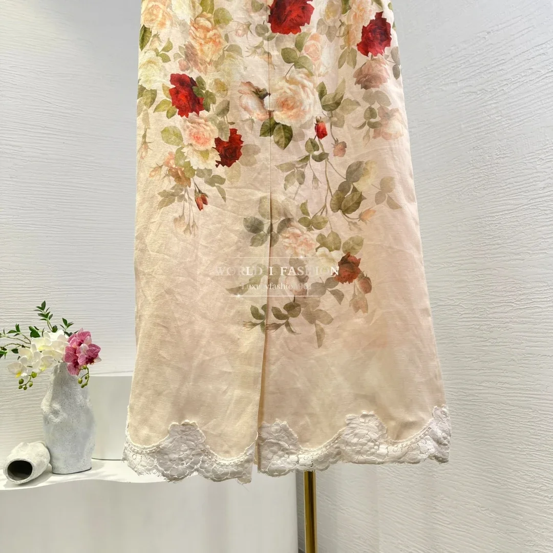 

Floral Print Lace Patchwork Vintage Full Sleeve Blouse and Ramie Midi Skirt Women Set 2025 New High Quality
