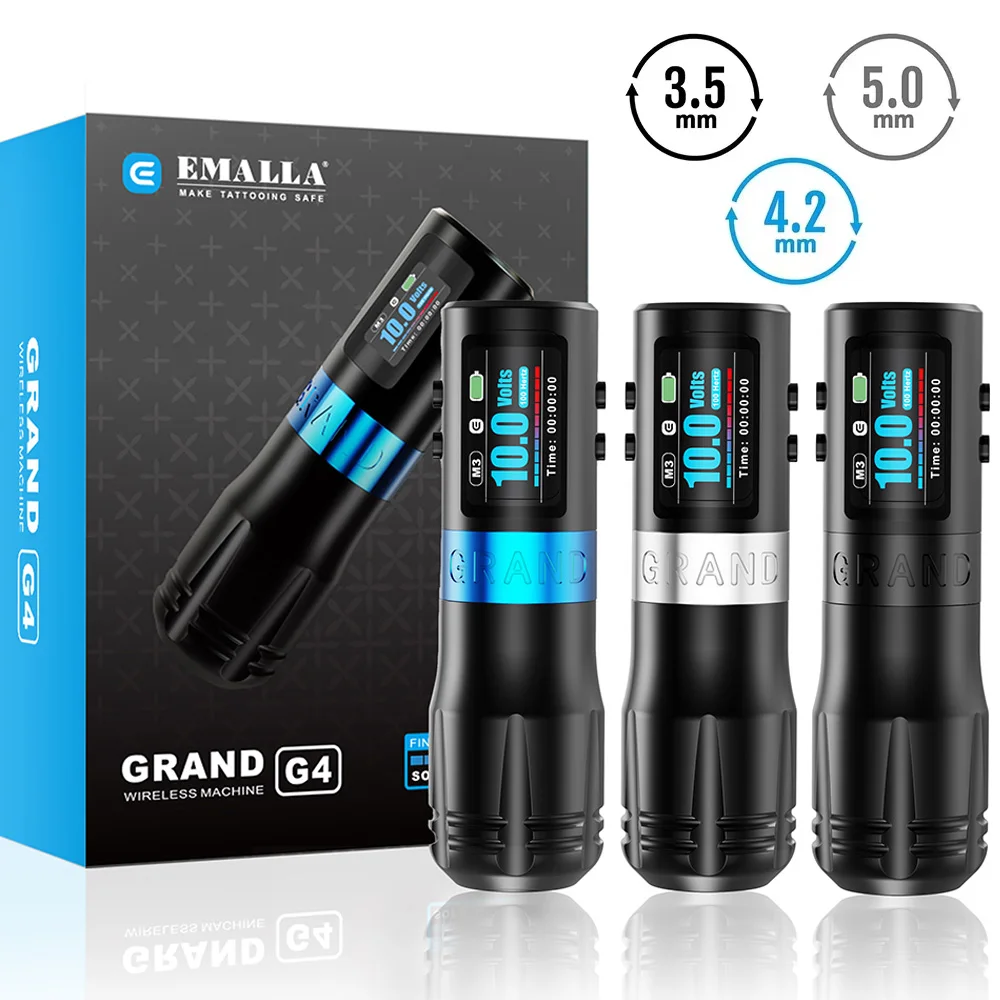 

EMALLA Grand G4 Wireless Tattoo Pen Machine Brushless Motor 3.5mm 4.2mm 5.0mm Stroke 1800mAh Tattoo Permanent Makeup Pen Machine