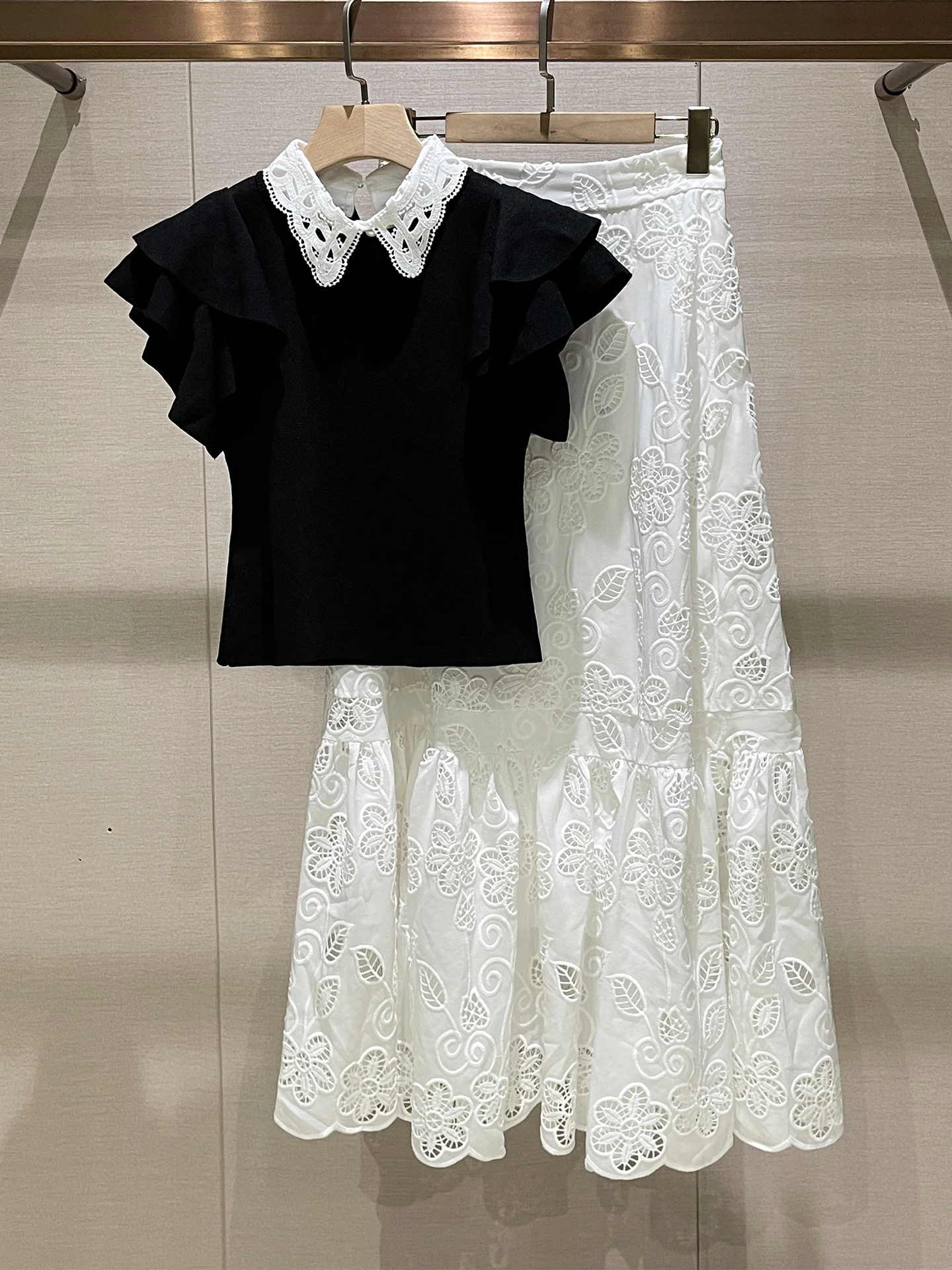 Ele geborduurde casual tweedelige set zomer turn-down kraag gebreide top f-rok polyestervezel ort Sve button S...