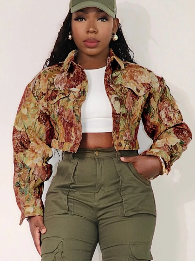Bangniweigou art flower paint coat Retro Jacquard Cardigan Jacket women spring short outwear