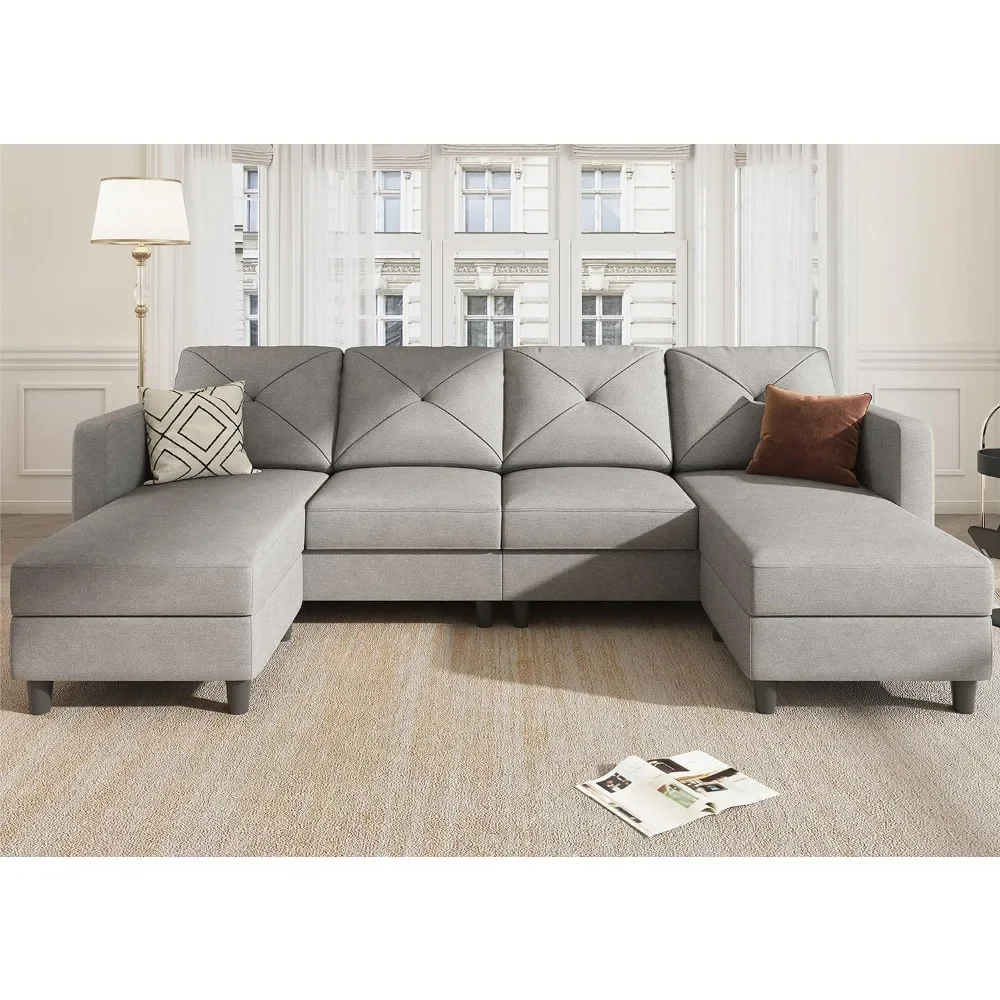 Convertible Sectional Sofa with Double Chaises for Living Room, Light Grey, U Shaped Couch 4 Seat Sofa