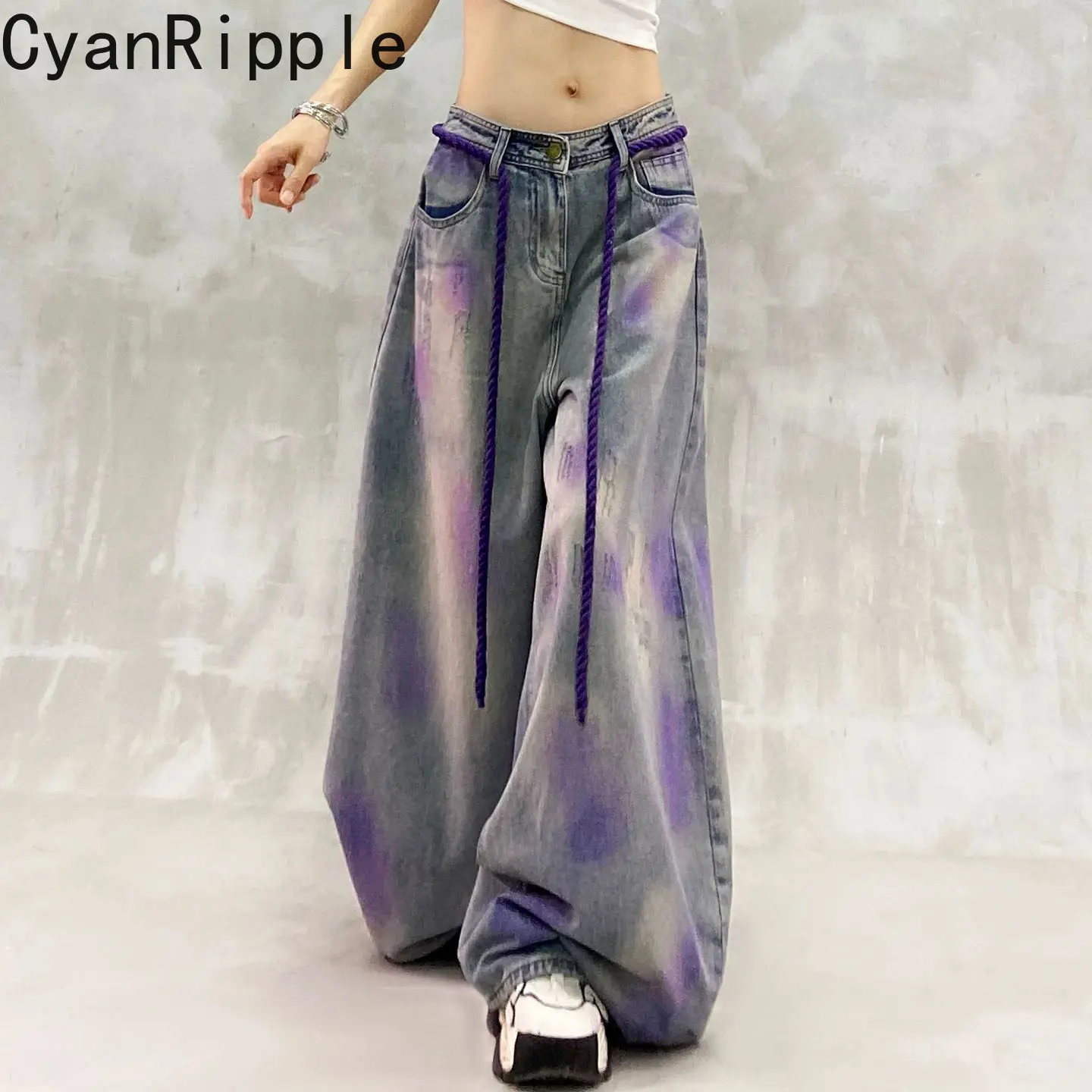 Personalized Spray Painting Spring Summer Wide Leg Women Denim Pants All-match Drawstring High Waist Floor-length Bootcut Jeans