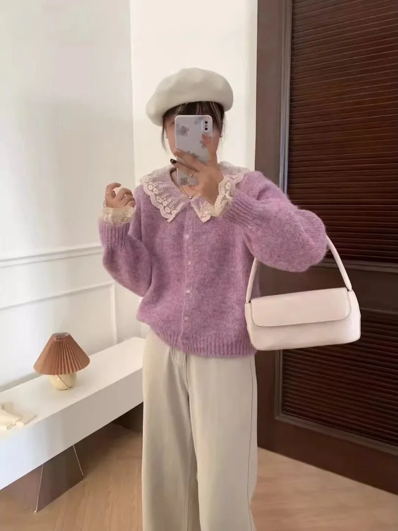 

Faionable Lace Hook Knitted Sweater Coat Women's Autumn Winter Slimming Cardigan Casual Loose Fit Long Sve Crew Ne