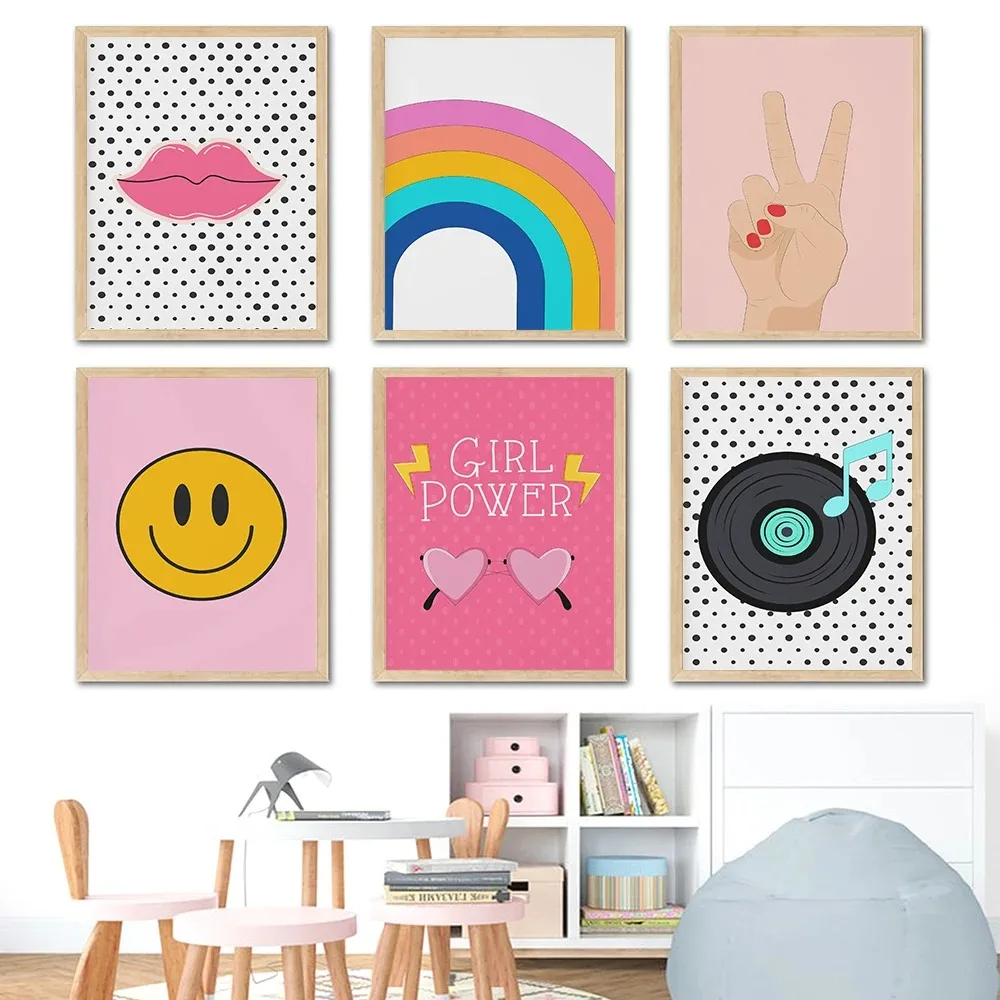 Dot Retro Aesthetic Wall Art Poster Print Cartoon Kids Style Cute Smiley Rainbow Canvas Painting Nursery Living Room Home Decor