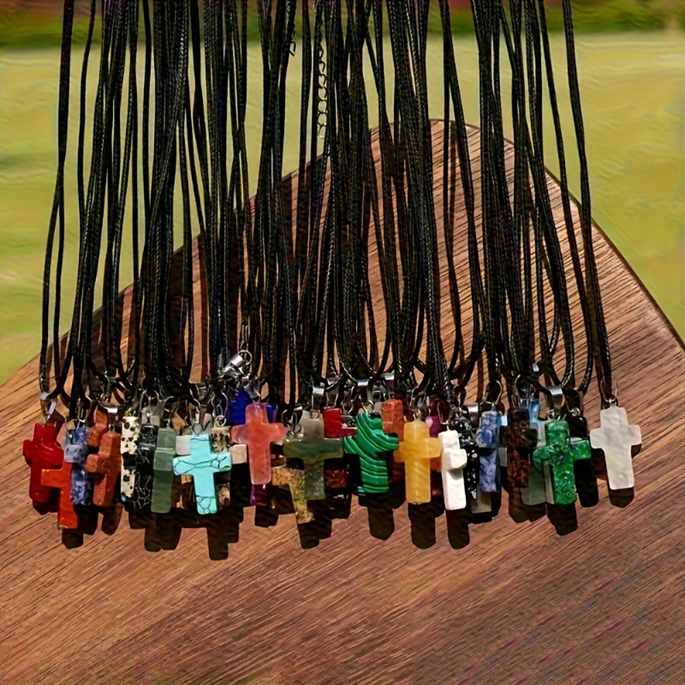 MY1 50Pcs Natural Gemstone Cross Pendant 18x25mm, Crystal Agate Necklace Charm for DIY Jewelry Making, Wholesale Gift