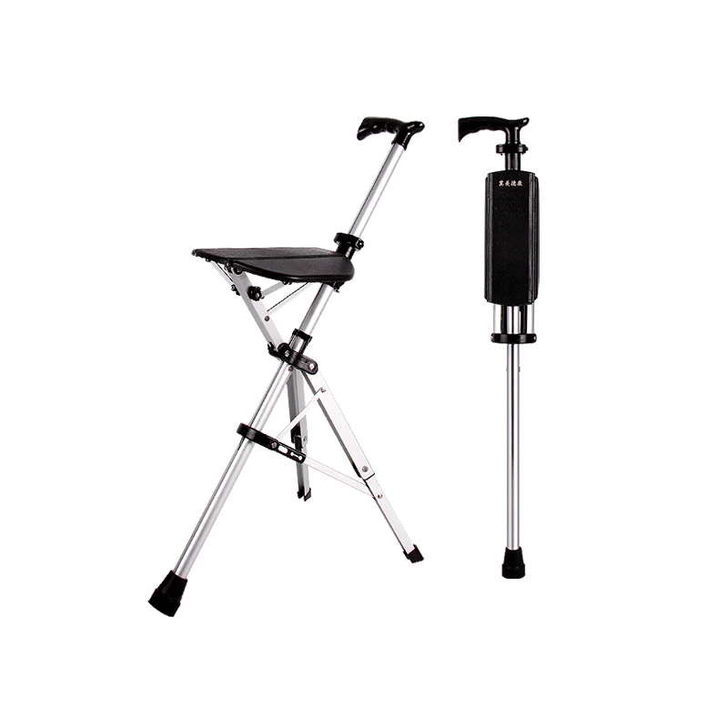 High Quality Aluminum Alloy Foldable Walking Cane Stick With Seat Adjustable Elderly Crutch Chair With Stool