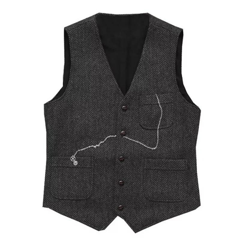 Visgraat Heren Vest Grijs Tweed Zakelijk Vest Jas Casual Slim Fit Bruiloft Bruidegom Banket Werkset Heren Pak