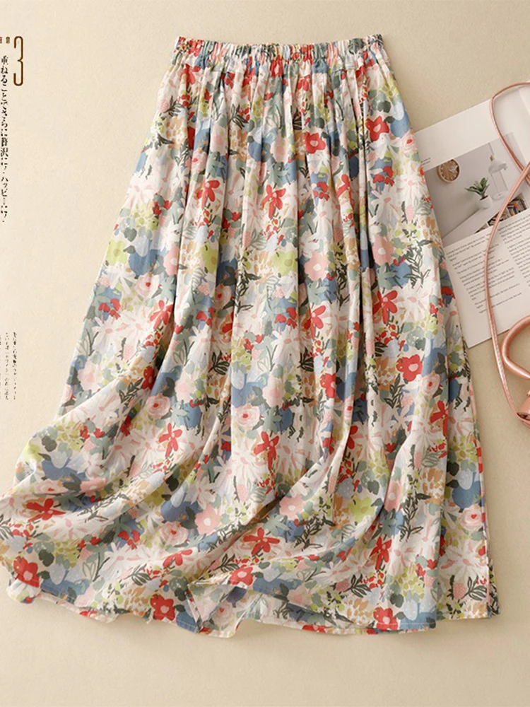 الأزهار طباعة الكتان ألف خط ميدي تنورة المرأة الصيف 2024 جديد ريترو Sle عالية الخصر الأزهار القطن الكتان f-طول تنورة