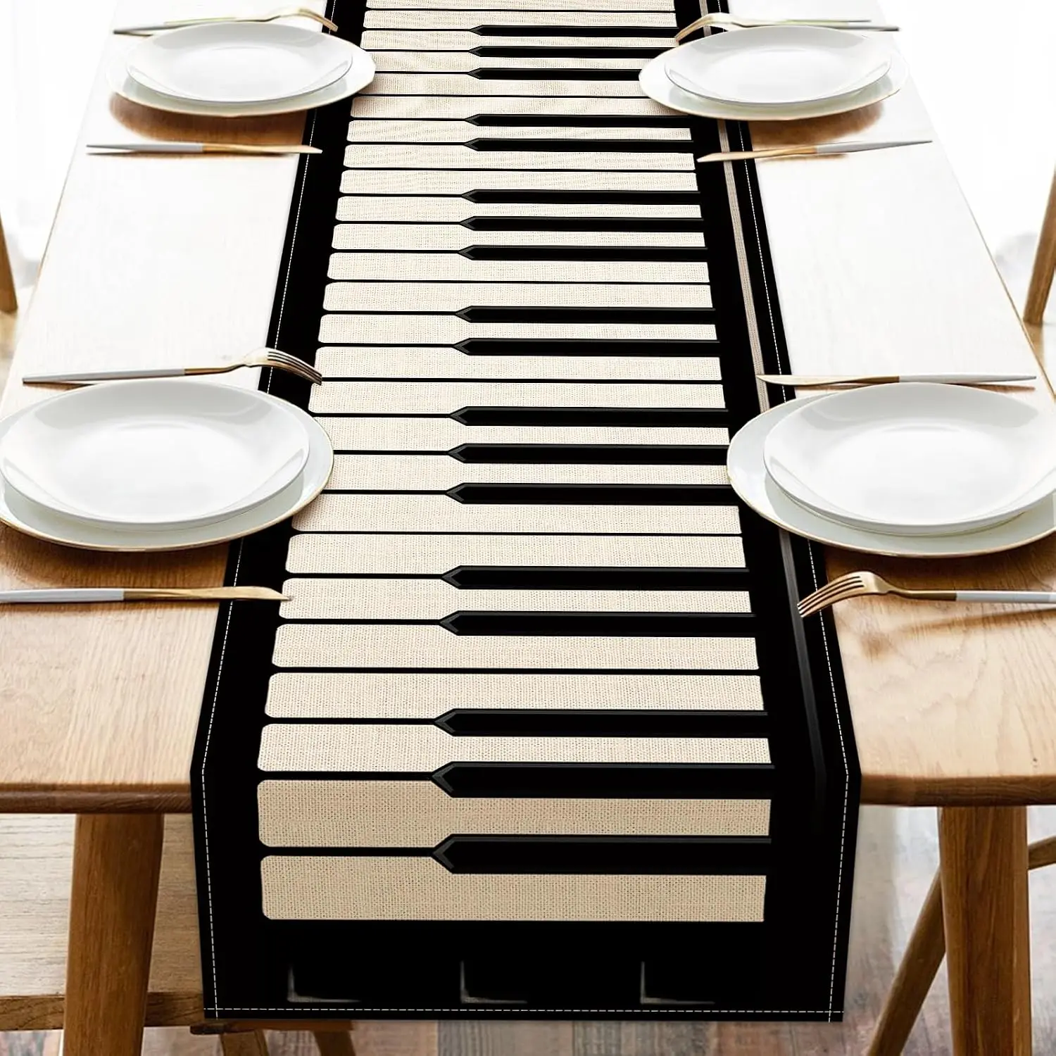 Piano Keyboard Burlap Table Runner,Black White Musical Kitchen Dining Table Decor for Indoor Outdoor Wedding Birthday Jazz Party
