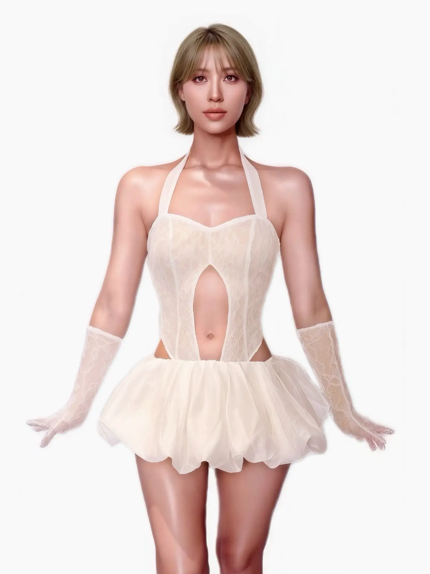Baimao White Lace Halter Neck Corset Tutu Mini Dress with Matching Gloves for Drag Queen Stage Performances and Events