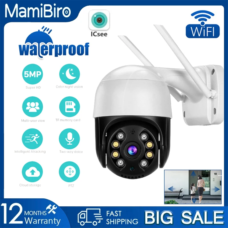 

MamiBiro 5MP PTZ Wifi Camera IP66 Waterproof Outdoor HD 4X Zoom Ai Human Detect IP Cameras Color IR Night Vision CCTV Cam 2MP