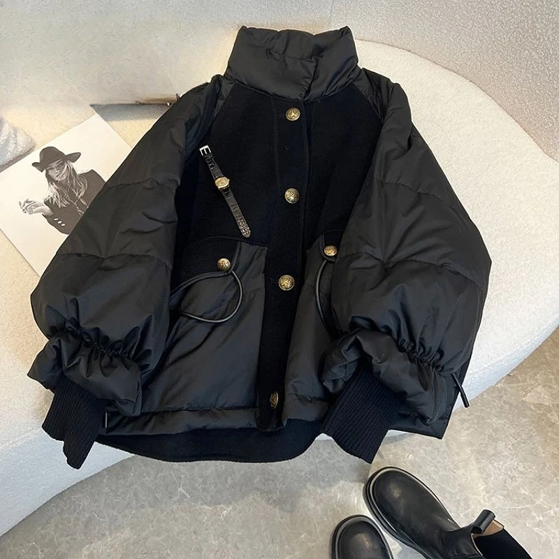 婦人服黒厚手スプライシング黒金ダウン綿服婦人冬薄手高級版見栄えの良いコート