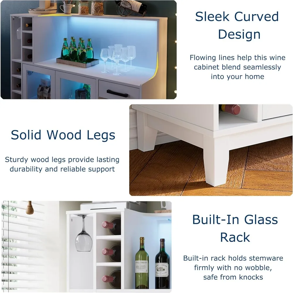 Barkasten voor thuis, wijnkast met opbergruimte, LED-verlichting en wijnhouder, drankkastbar voor thuiskeuken
