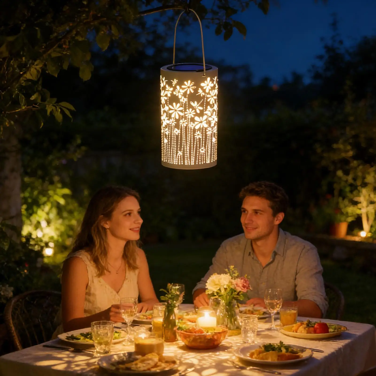 Close-up of colorful metal flower detail on solar lantern