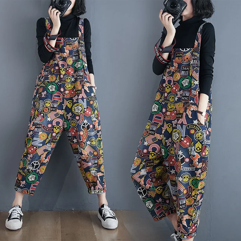 

Women Plus Size Cartoon Printed Denim Overalls Jumpsuit 2021 Casual Straps Rompers Wide Leg Trousers Ankle Length Pants Playsuit