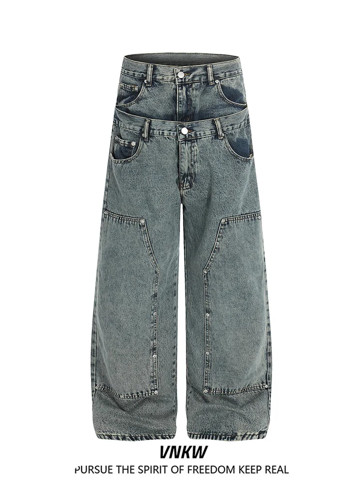 

Loose Straight Leg Workwear Jeans Men's Women's Baggy Wide Leg Pants Cargo Trousers Rivet Splicing Casual Cotton Polyester