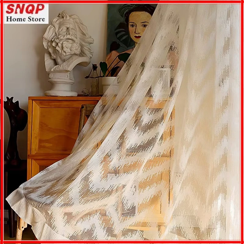 

Curtains for Living Room Dining Bedroom Cotton Linen Modern Minimalist Geometric Wave Pattern Grace Translucent