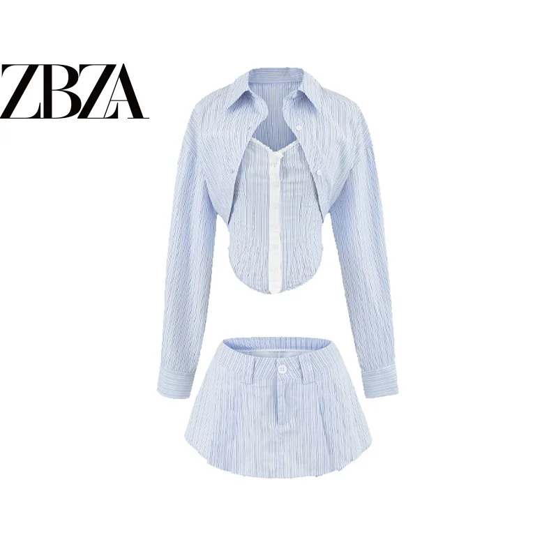 Fashionable Slim Fit Striped Fishbone Tube Top Shirt Short Skirt Set ZR Wind Women's Autumn Collection Three Piece Suit