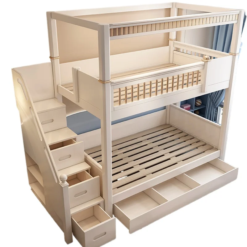 

Solid wood high and low bed, boys small apartment siblings Internet celebrity princess tree house mother bed
