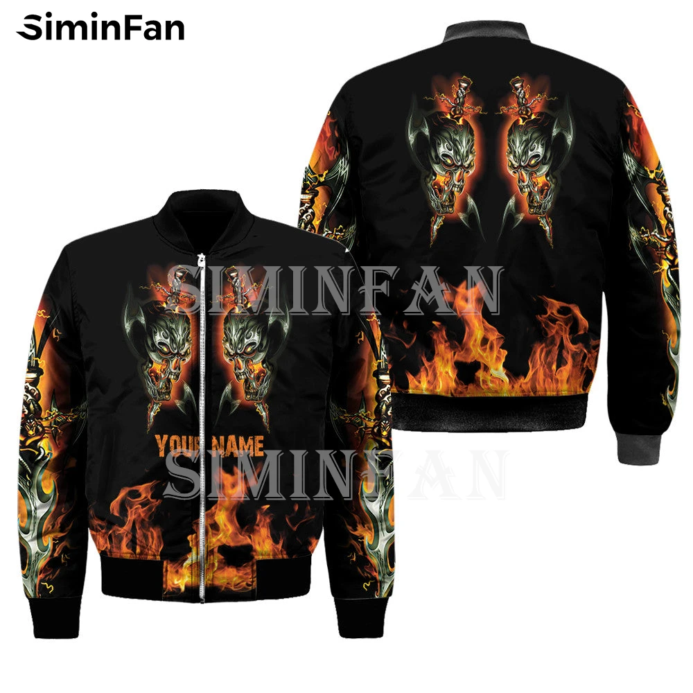 Angry Fire Skulls 3D Printed Men Black Bomber Jackets Winter Autumn Unisex Flight Outwear Women Quilted Cotton Thick Zipper Coat