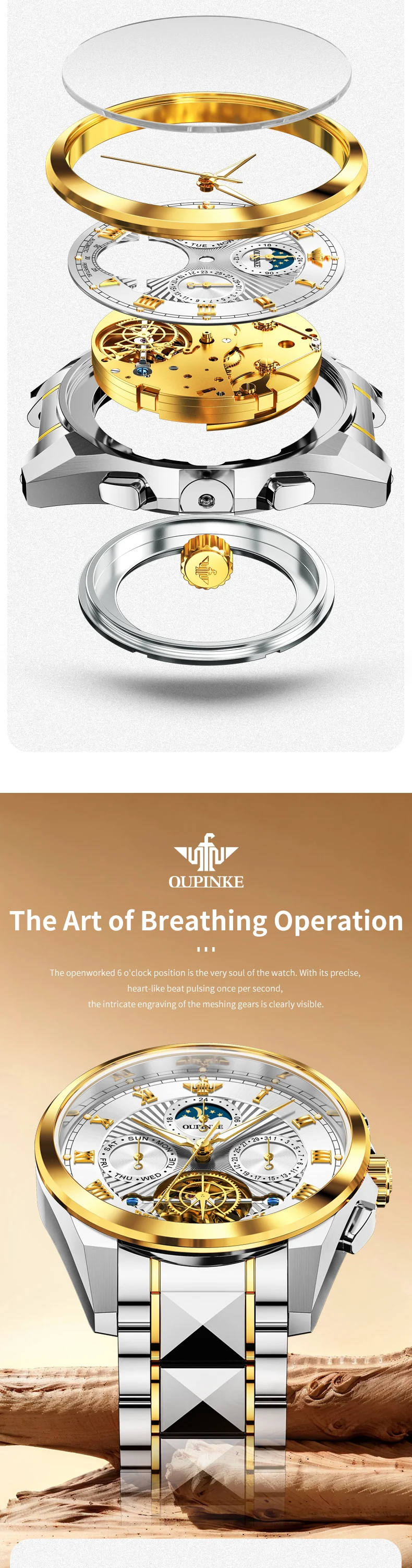 

OUPINKE 3322 Stainless steel watch moon phase with day calendar tourbillon movement men's mechanical watch