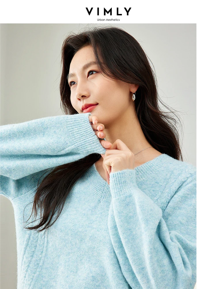 Vimly New Blue Knit Pullovers Women\'s Knitted Sweater 2024 Spring Jumper Knitwears Loose Lantern Sleeve Tops Female Jersey 72358