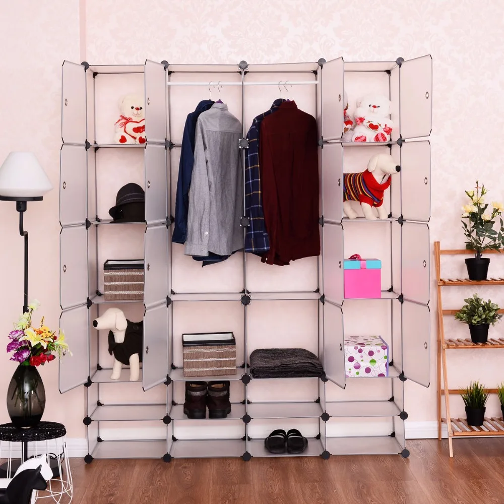 Goplus DIY 16+8 Cube Portable Clothes Wardrobe 1 Hook Bedroom Storage Cabinet Shoes Clothes Closet Organizer with Doors HW54795