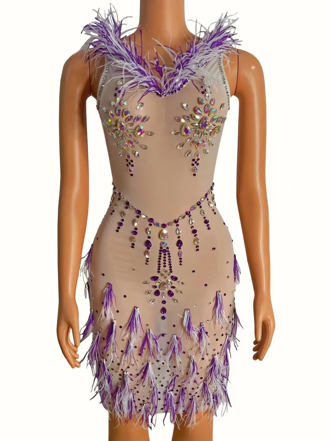 

Purple Feather Rhinestones Evening DressesWomen'S Jazz Dance Costume Singer StageCatwalk Outfit Bar Ds Dj Gogo Wear A675