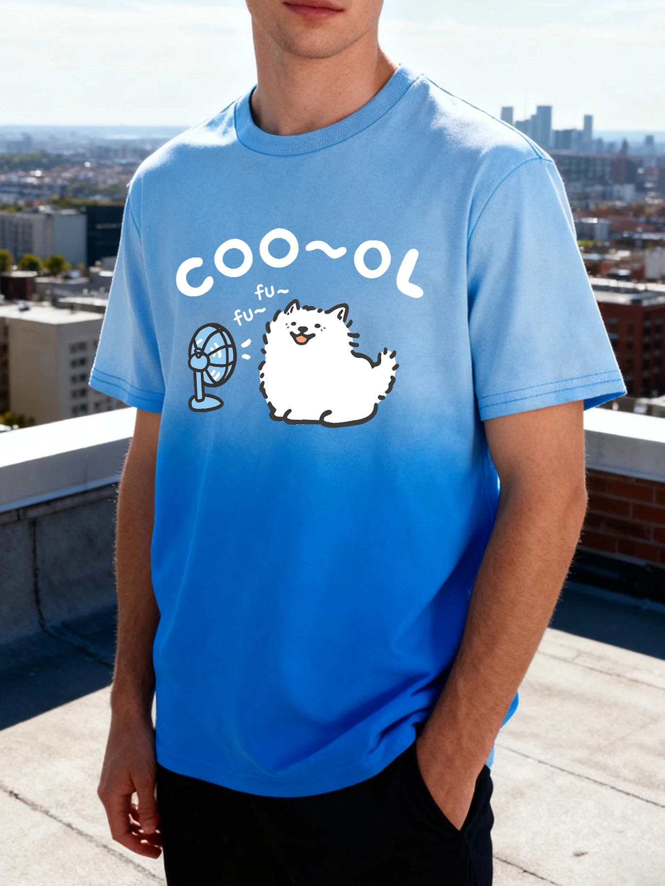 Samoyed مع مروحة تهب طباعة التعادل صبغ تي شيرت للرجال لينة القطن تي شيرت موضة س الرقبة المحملة للجنسين الصيف ملابس فضفاضة #2