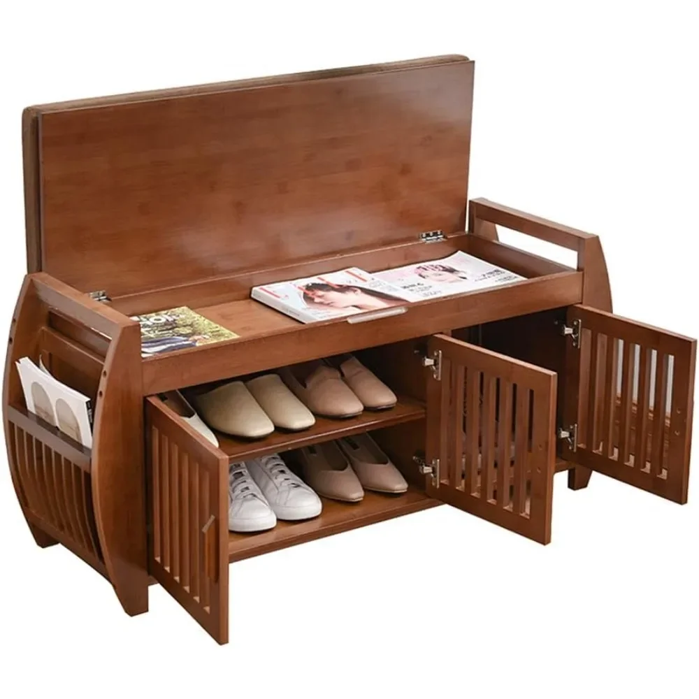 

Bamboo Shoe Bench Rack with Removable Cushion, Hidden Storage Compartment, Side Drawer, Entryway Shoe Storage Organize