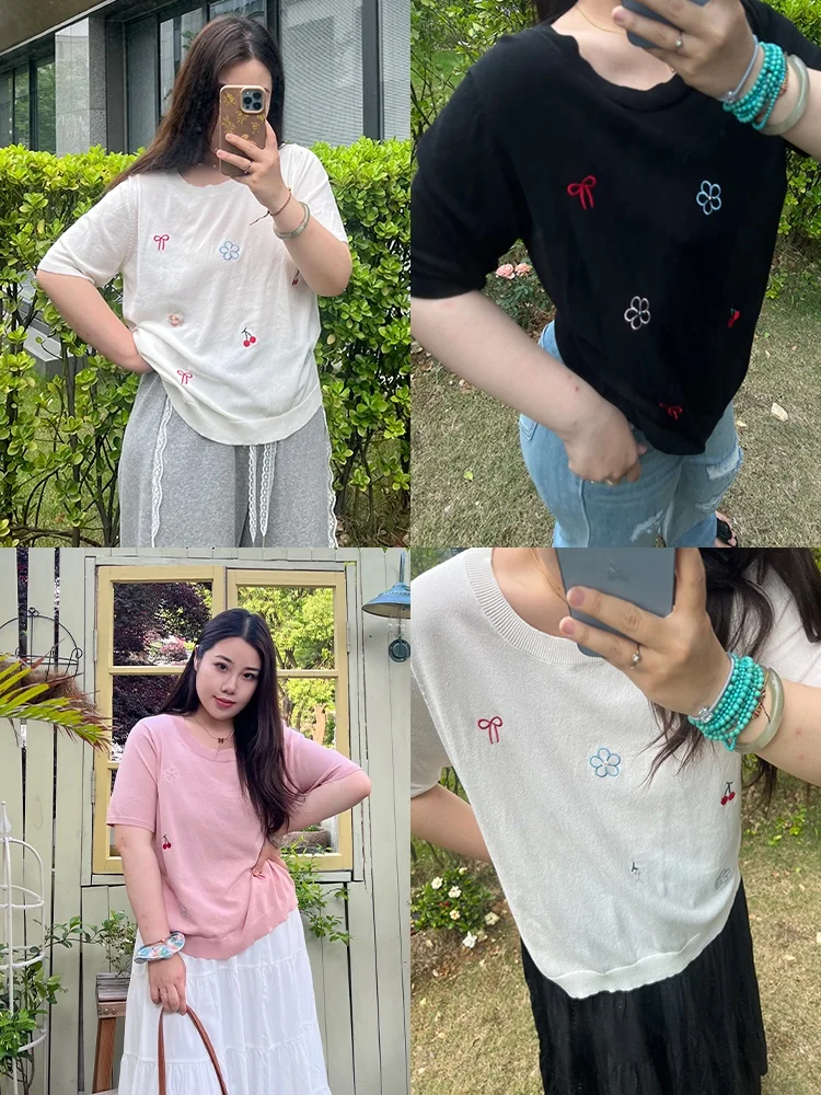 

plus Size Women's Summer T-irt Embroidered Knitted Loose ort Sve Breathable Comfortable Fre Sle round Ne Top